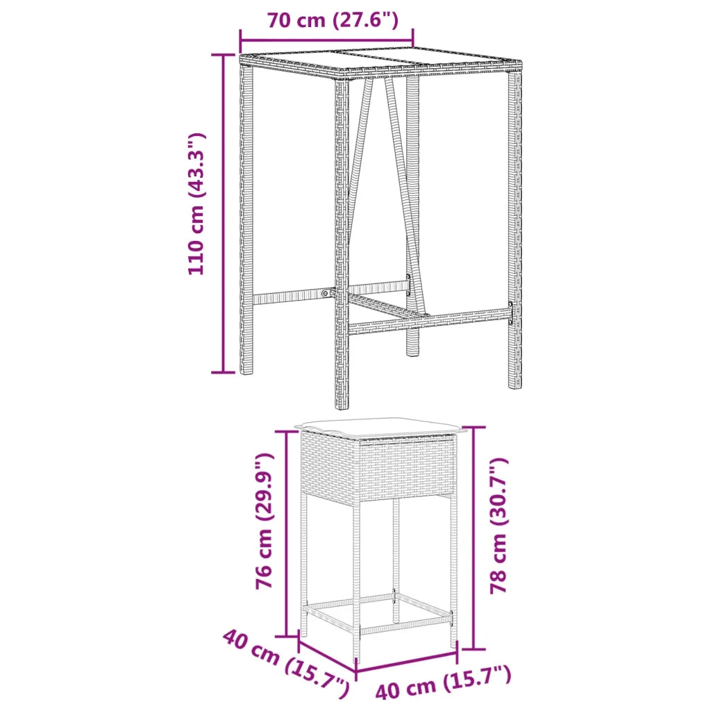 vidaXL Set Bar da Giardino 3 pz con Cuscini in Polyrattan Marrone