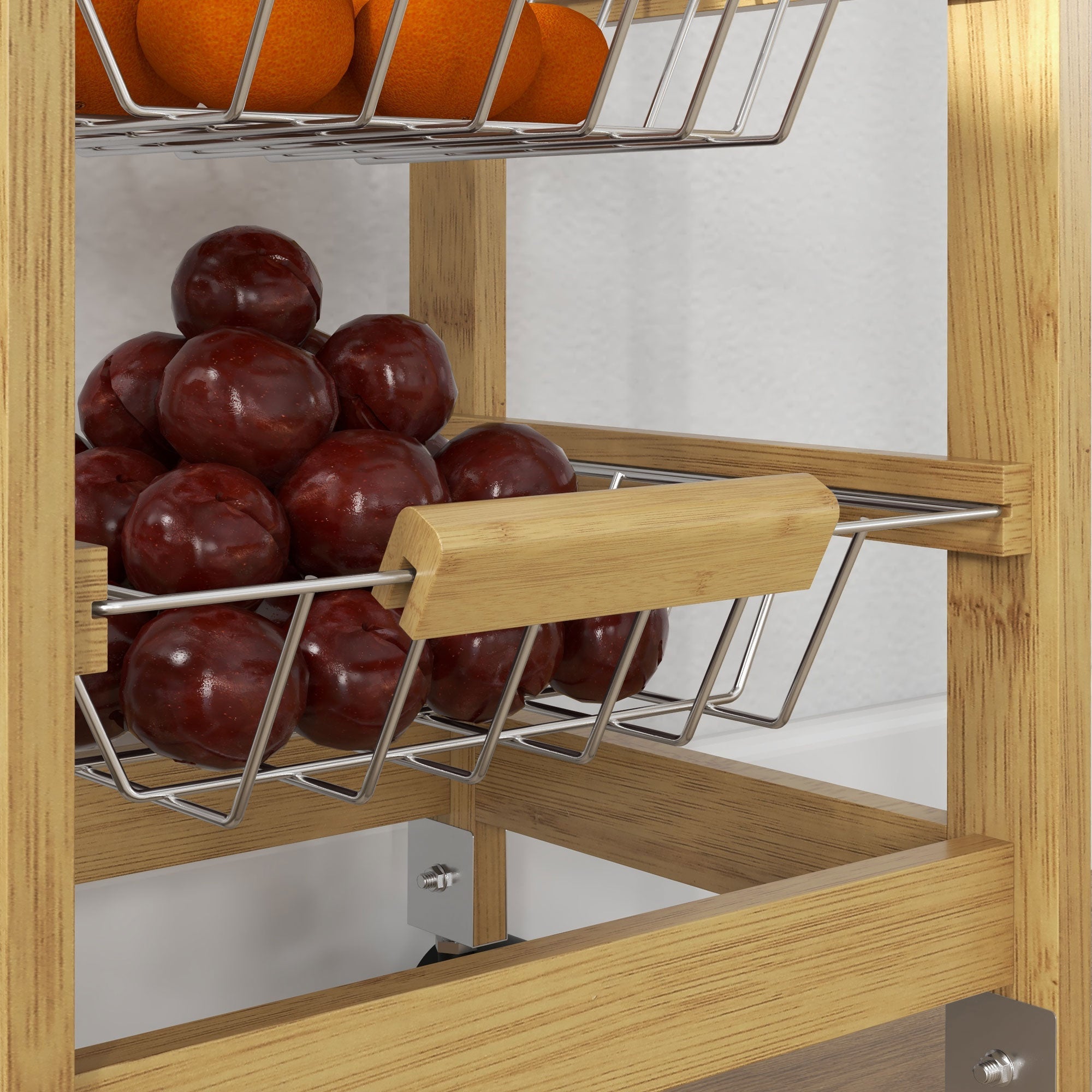 Carrello Cucina con Cassetto e 3 Cestini a Rete Metallica 37x37x76 cm in Legno