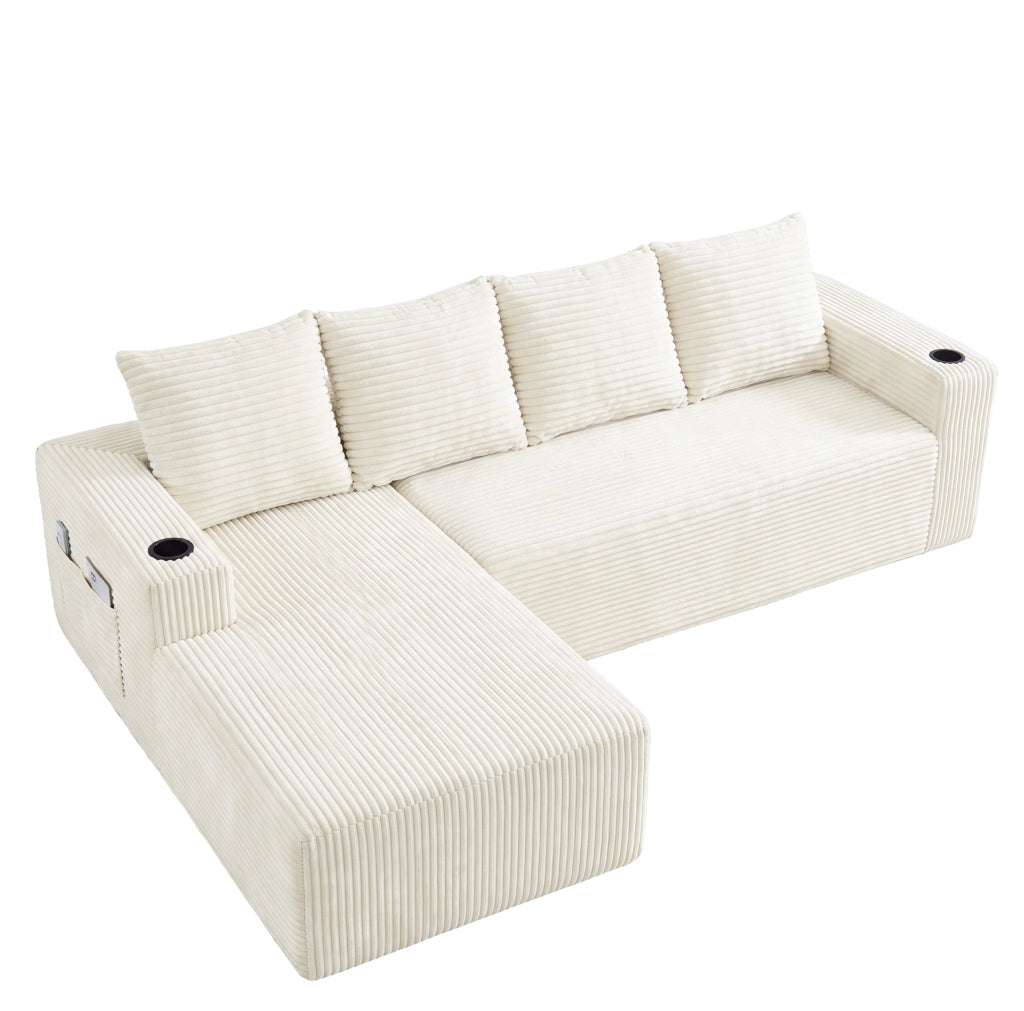 Divano modulare a L con chaise longue; portabicchieri e tasche; velluto a coste beige