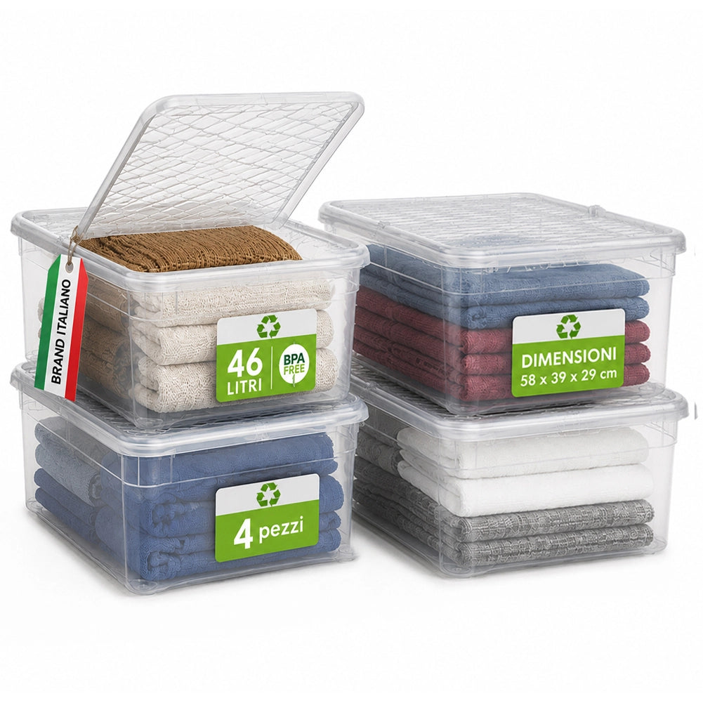 Set 4 Pezzi Contenitori con Coperchio 57x39x29 cm Storage Box Marea Capienza 46L in Plastica Trasparente