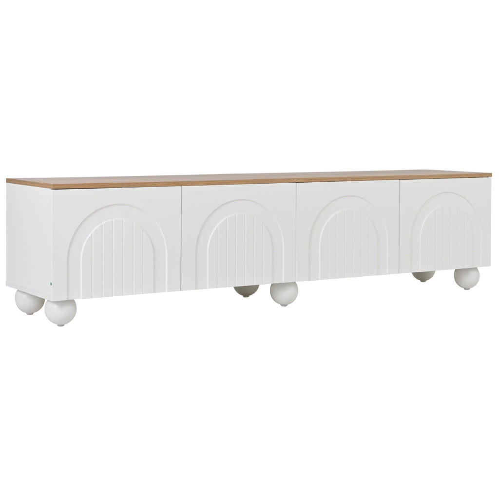 Mobile TV 180x40x45 cm con 4 ante e 6 gambe in metallo MDF bianco e naturale