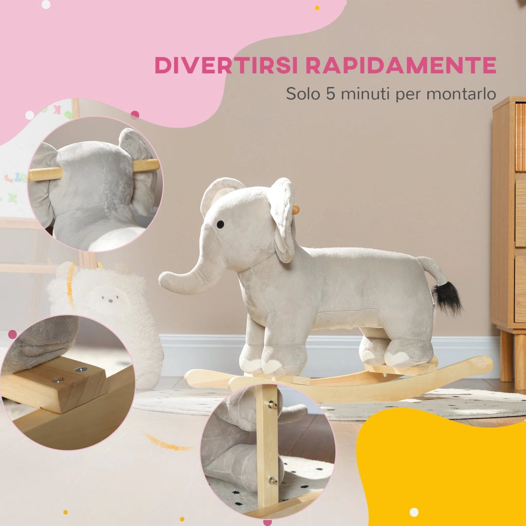Cavallo a Dondolo per Bambini in Legno e Peluche Elefante Grigio