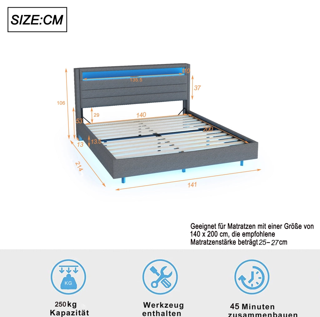 Letto matrimoniale imbottito 140x200 cm con USB; LED e testiera ribaltabile; grigio
