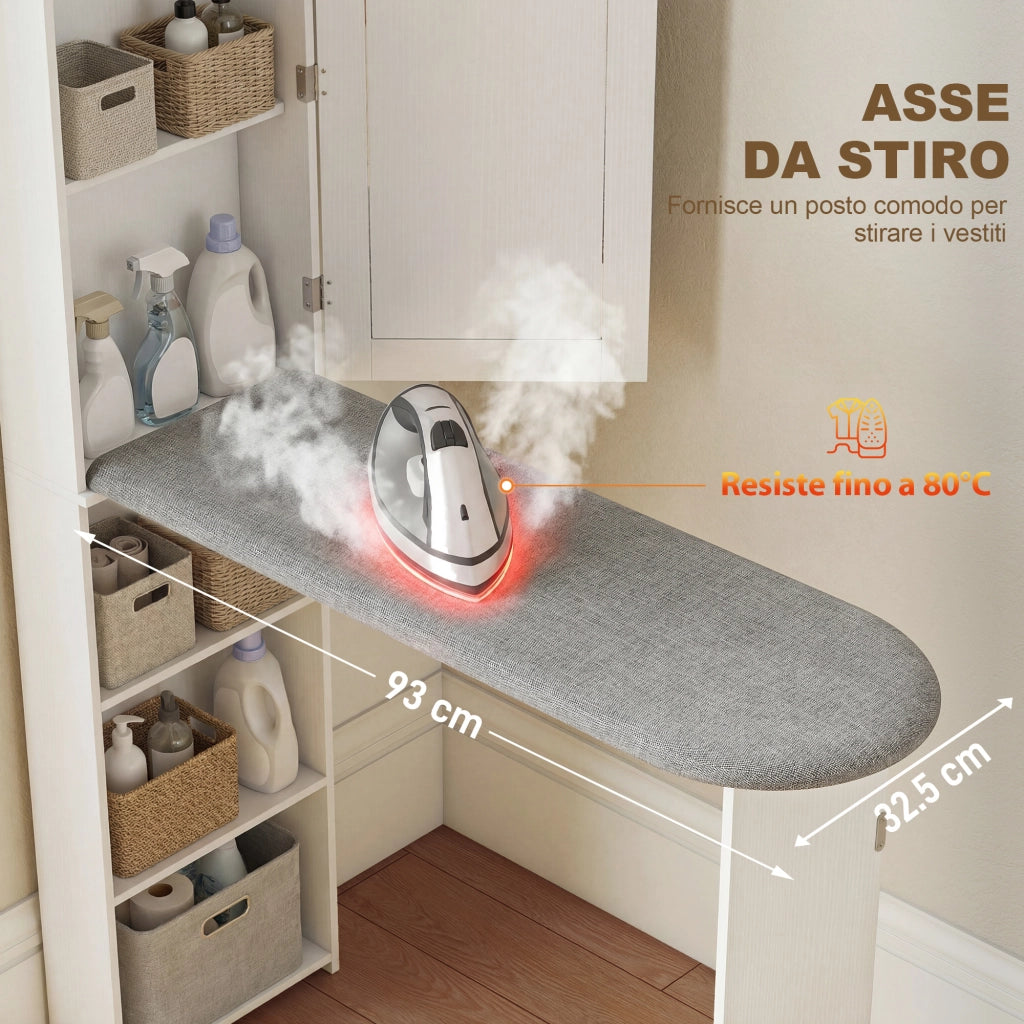 Mobile Asse da Stiro Pieghevole 107x35x174 cm a 6 Ripiani con Specchio e 2 Ganci in Legno e Poliestere Bianco