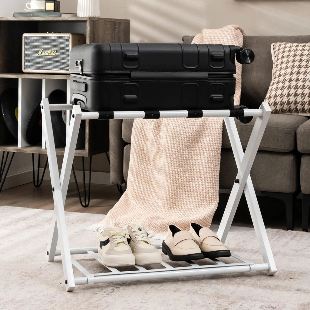 2 Pz di Portavaligia Pieghevole, Portata 70 kg, a 2 Ripiani, con Scarpiera, Struttura in Ferro, Multiuso Salvaspazio, Ideale per Viaggio e Hotel, 63,5x44x67 cm, 2 Colori