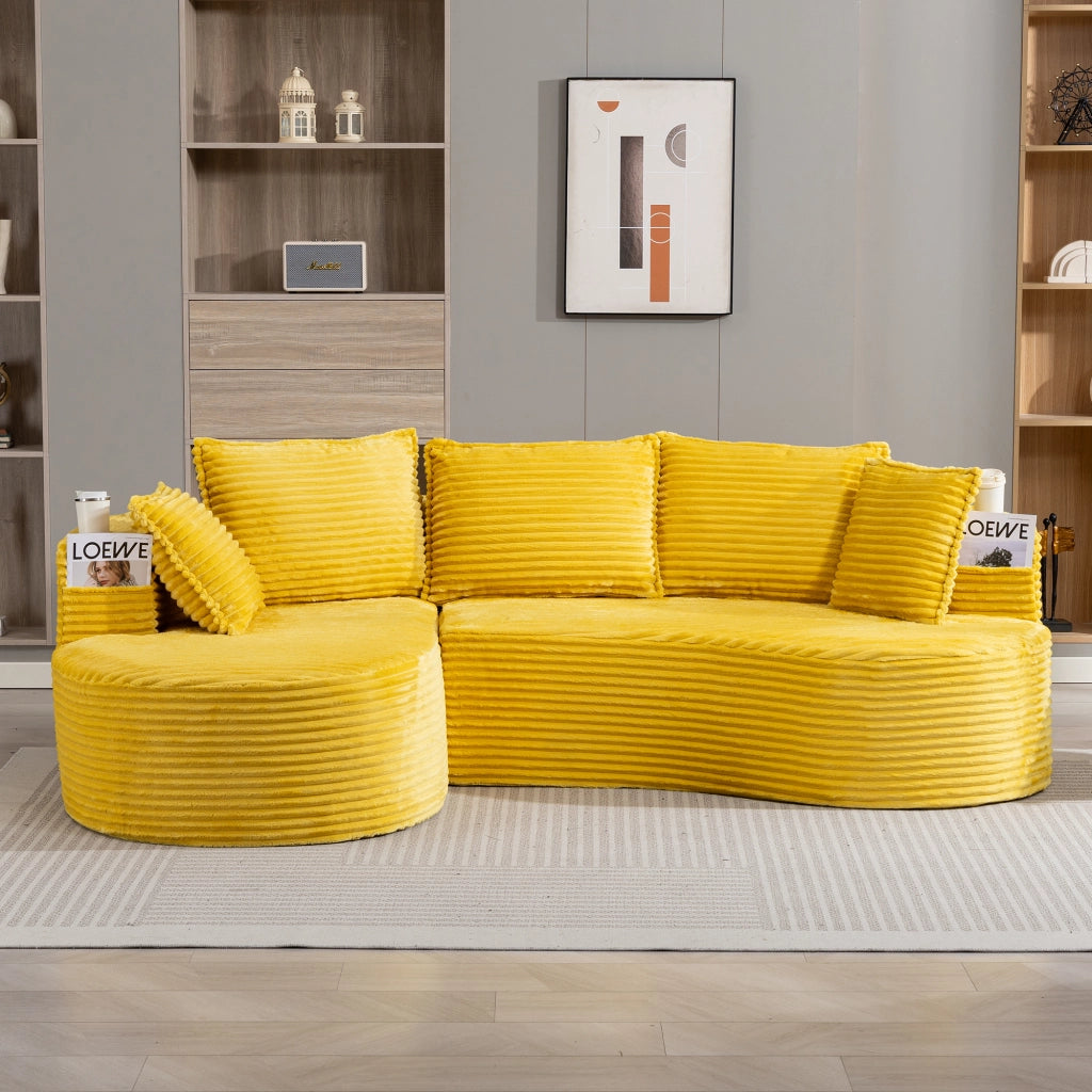 Divano ad arco con portabicchieri e tasche laterali; schiuma ad alta densitÃ ; velluto giallo senape 250 Ã— 152 Ã— 82 cm
