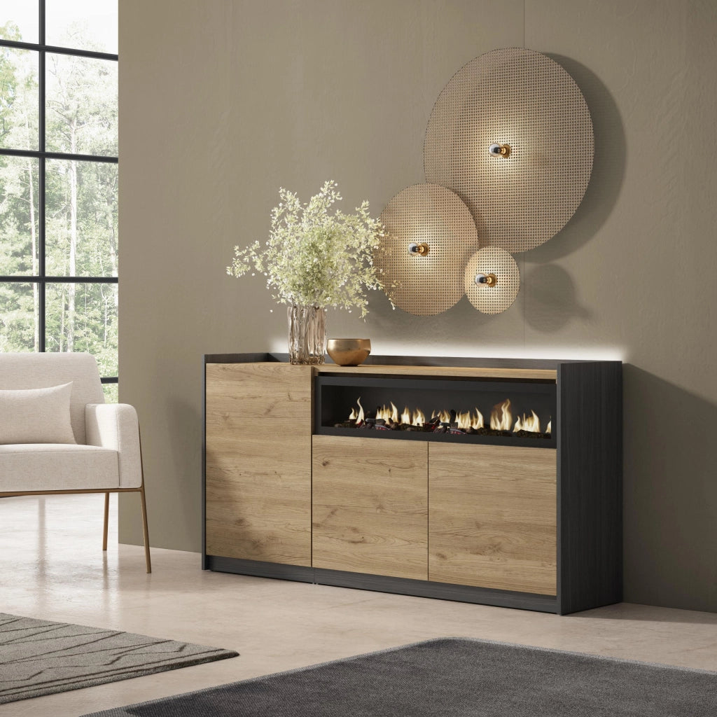 Credenza, Mobile, Cucina, 156x80x37 cm, 3 Porte, Camino elettrico, LED, Rovere e nero
