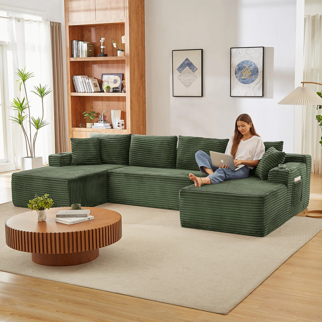 Divano modulare a U in velluto a coste con seduta profonda design ergonomico e senza montaggio per soggiorno verde