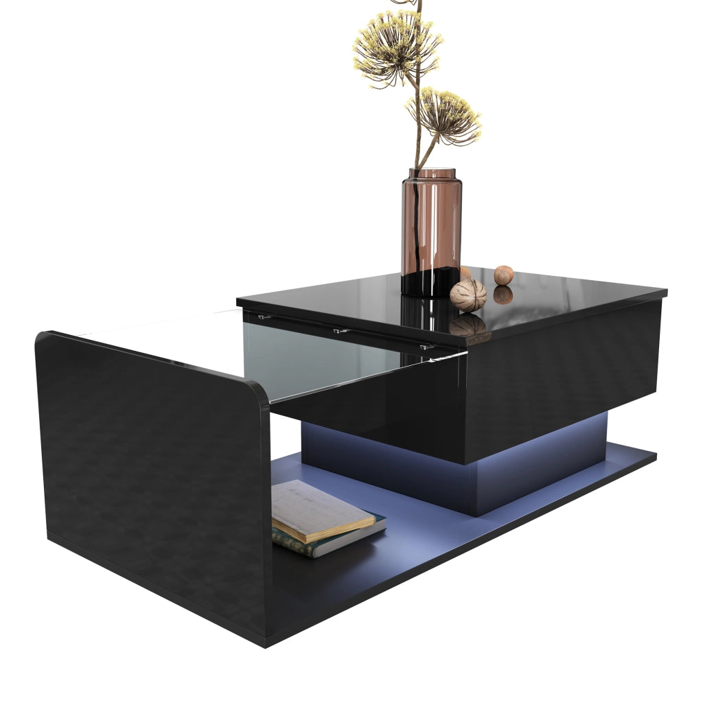 Tavolino da salotto alzabile con vano aperto e nascosto; LED e piano in vetro; nero lucido; 100 × 50 × 33/47.5 cm