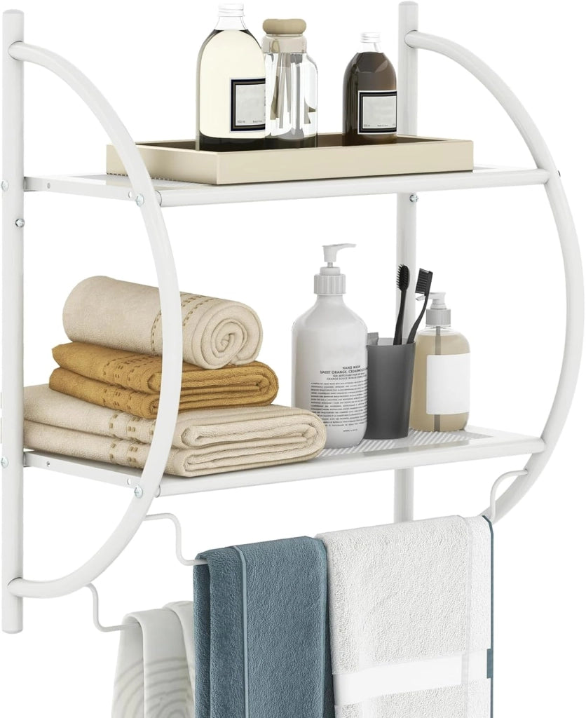 Porta Asciugamani Bagno da Parete, Mensola Bagno Doccia, Montaggio a Parete, con 2 Ripiani e 2 Portasciugamani, per Asciugamani, Antiruggine，45x25,5x55 cm (Bianco)