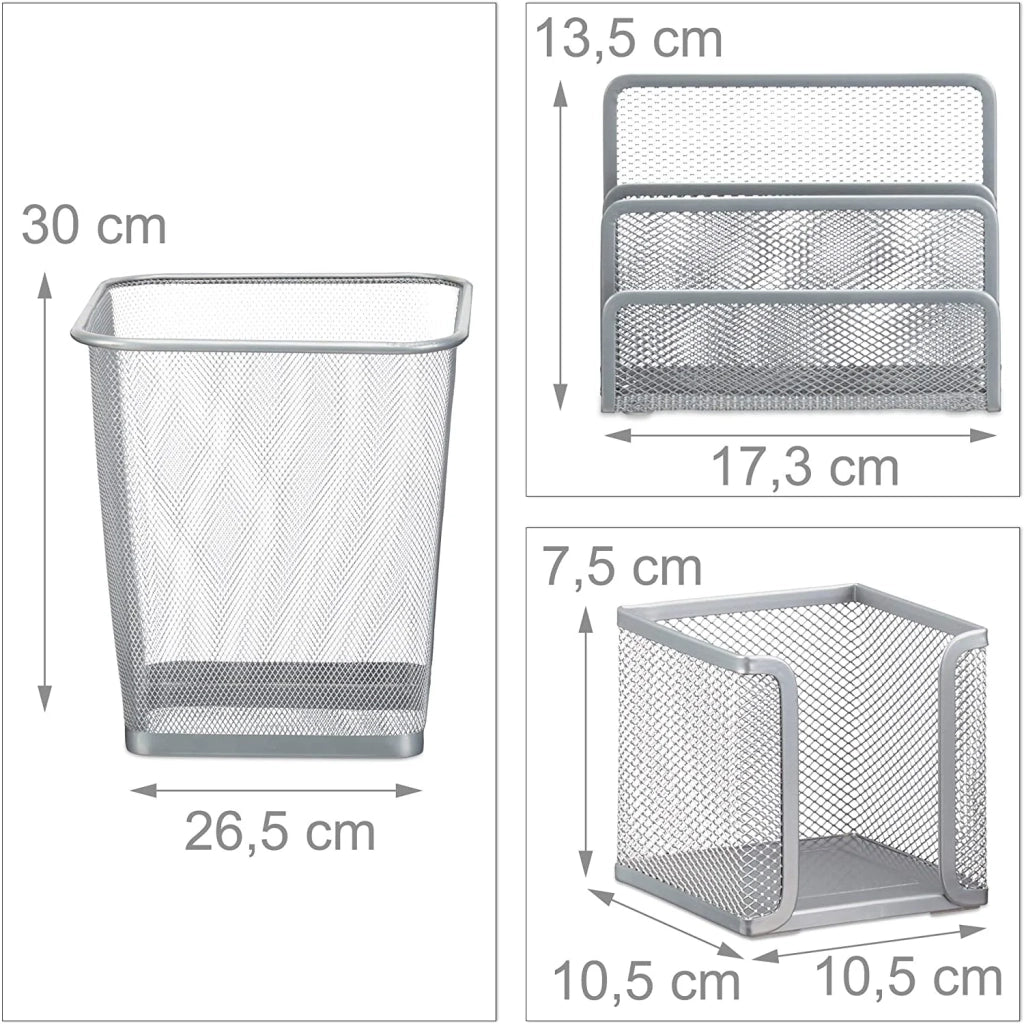 Set di 6 articoli per ufficio: cestino portapenne blocco note porta biglietti da visita organizer per posta contenitore in metallo argento 13_0002465