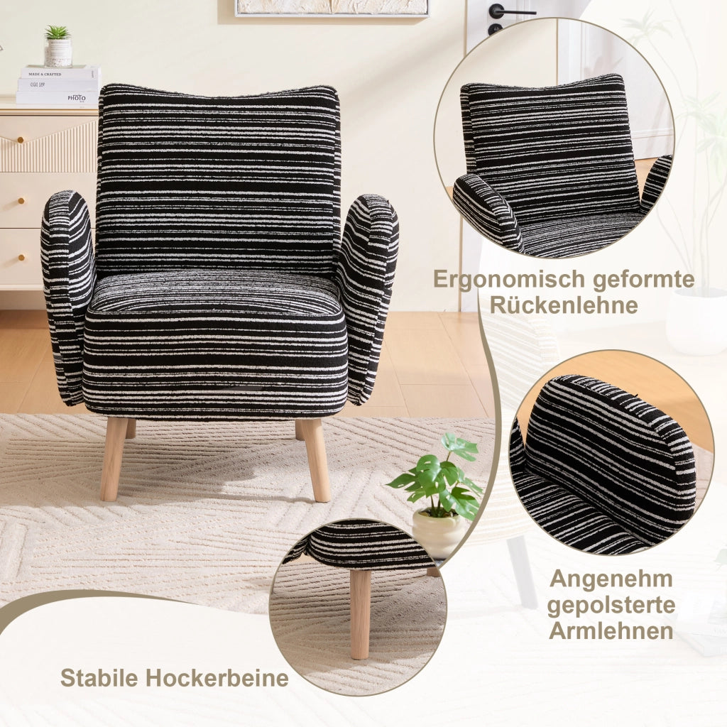 OKWISH Poltrona in Bouclé con Schienale Ergonomico, Tasca Laterale e Gambe in Legno Massello, Nera, 77 x 81 x 87 cm