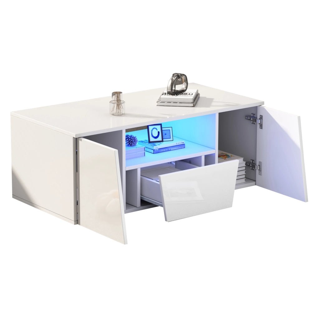 Tavolino da caffè 100x50x40 cm con luci LED; 2 armadietti e 1 cassetto in truciolare bianco