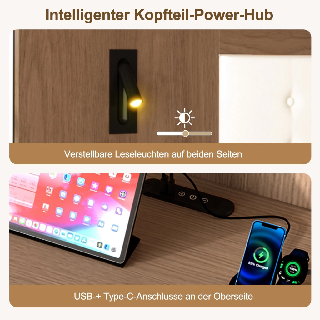 DESMIU Letto con contenitore 180 × 200 cm 2 posti con USB, Type-C e luce da lettura, senza materasso, in MDF, noce