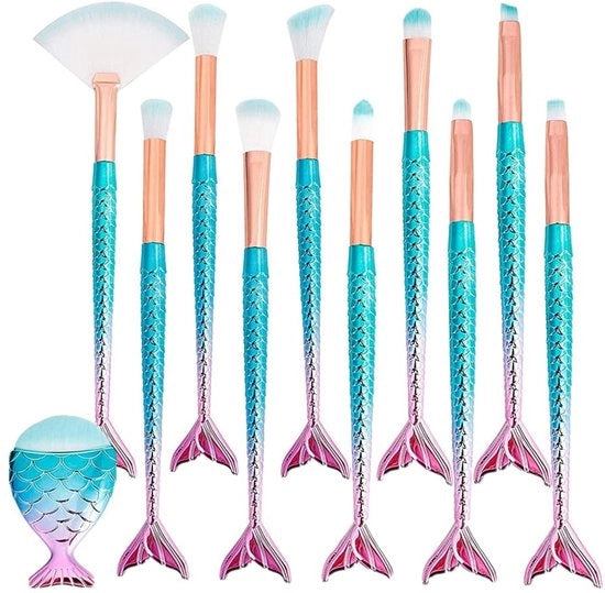 Set di pennelli per trucco professionale 11 pezzi - Fibra di nylon - Colori sfumati - Pulizia - Design mare - Pennelli per trucco