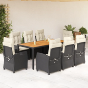 Set da Pranzo da Giardino 9 pz con Cuscini Nero in Polyrattan