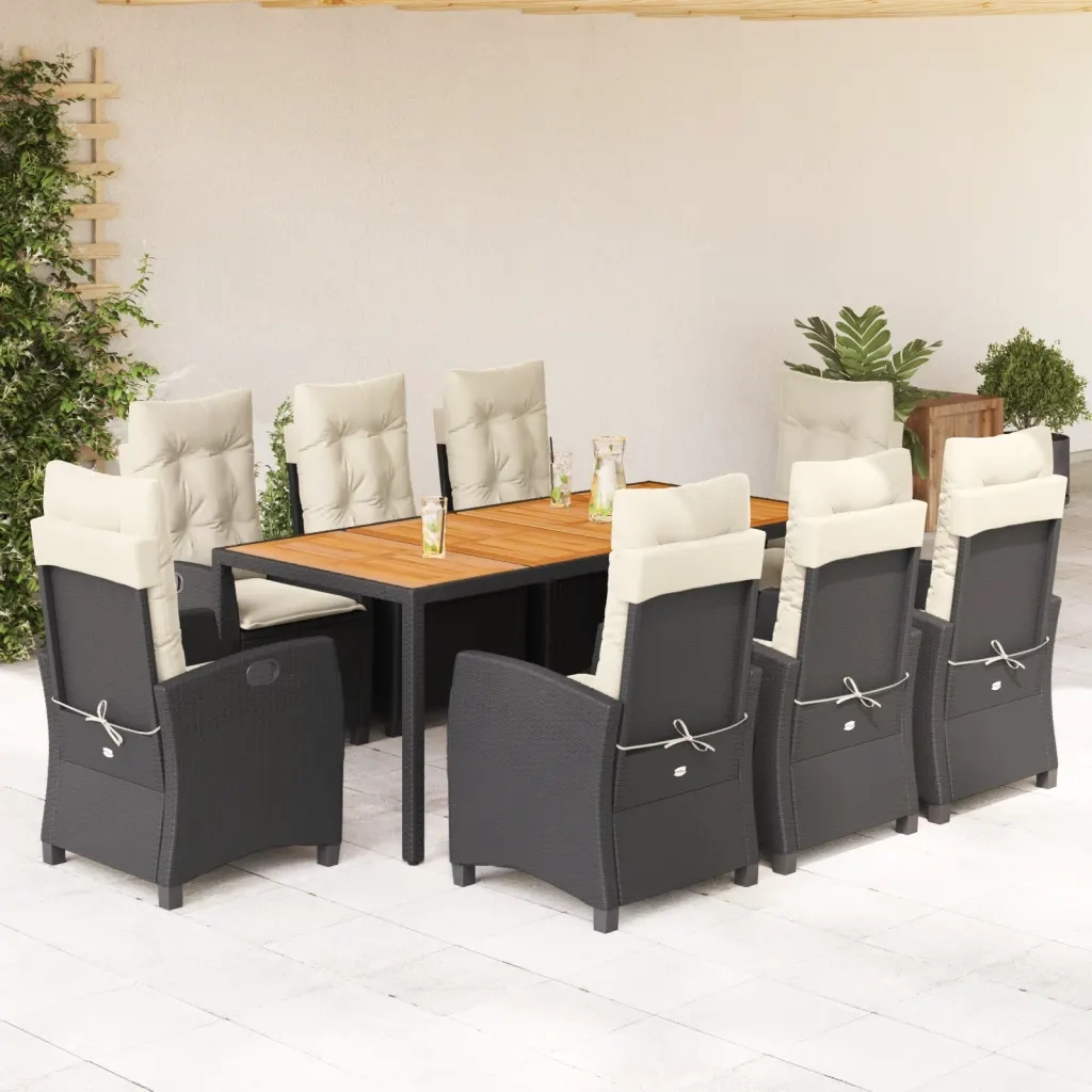 Set da Pranzo da Giardino 9 pz con Cuscini Nero in Polyrattan