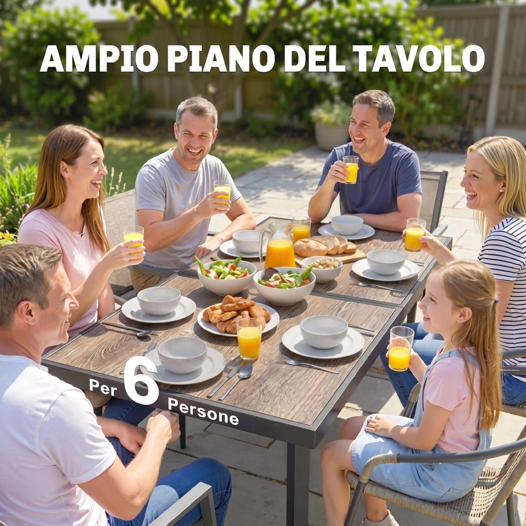 Tavolo da Giardino Rettangolare per 6 Persone con Piano Effetto Legno, in Acciaio e PSPC, 145x85x72 cm, Grigio