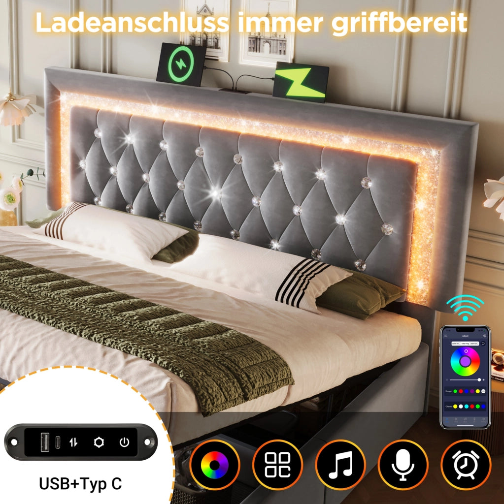 Letto imbottito 140x200 cm con LED, USB e contenitore idraulico
