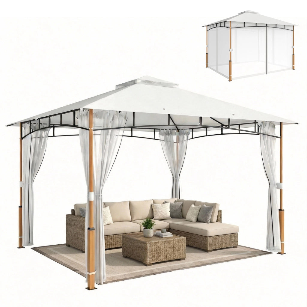Gazebo 3 x 3,6 m, Tetto Doppio UPF50+ con Rete, Crema