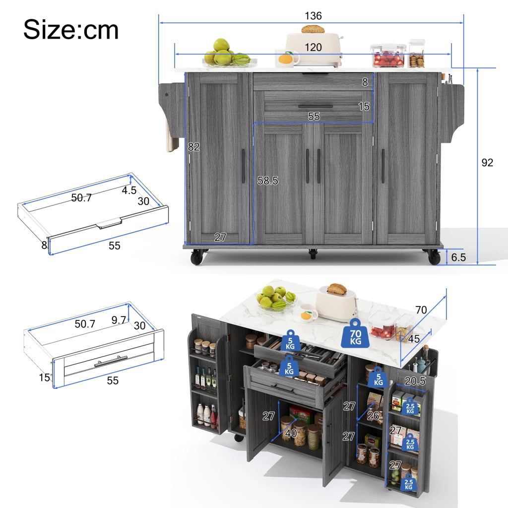 Carrello da cucina con 4 ante; 2 cassetti; ripiani regolabili; portasciugamani e portaspezie; 136 x 70 x 92 cm