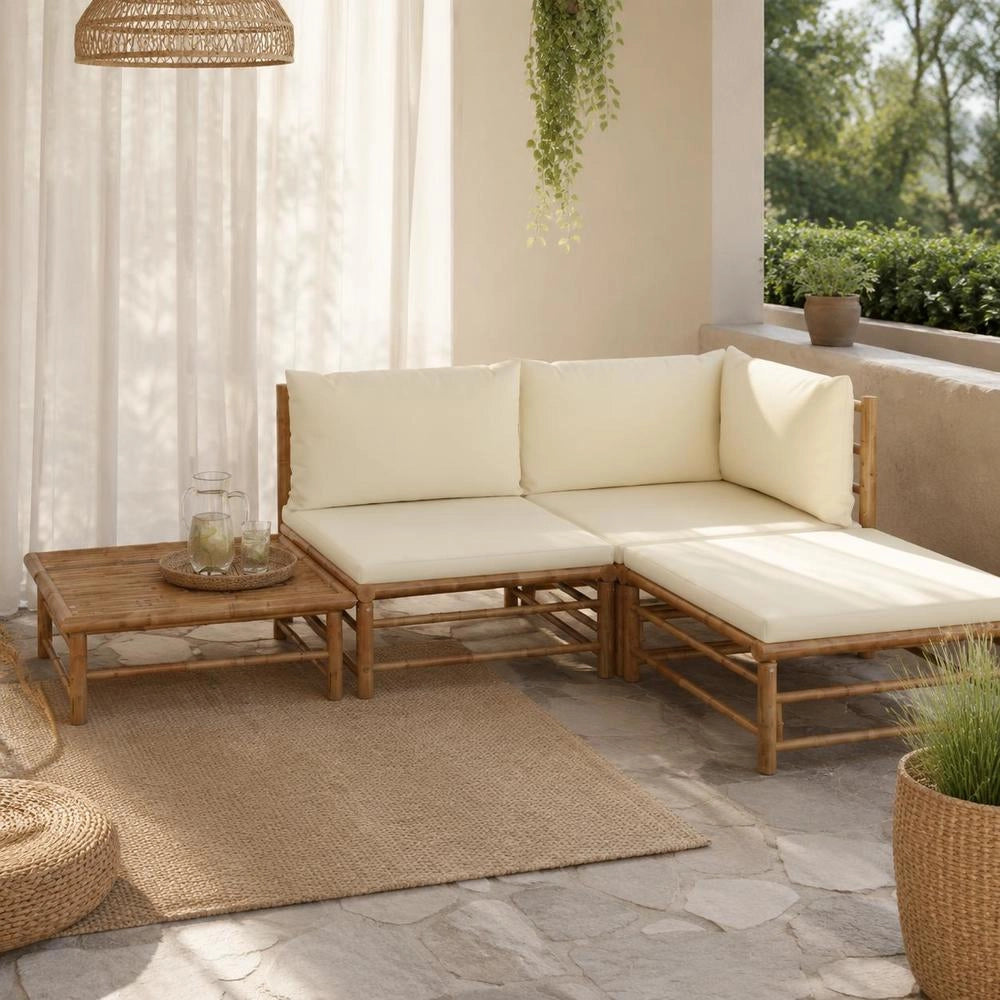 4-piece Garden Lounge Set With Cream-white Bamboo Cushions