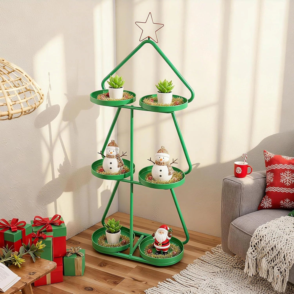 Porta Piante in Metallo, Supporto per Piante a 3 Livelli a Forma di Albero con Stella Rossa e Vassoi per Stoccaggio, Struttura in Metallo, Mensole Espositivo per Decorazioni Festive