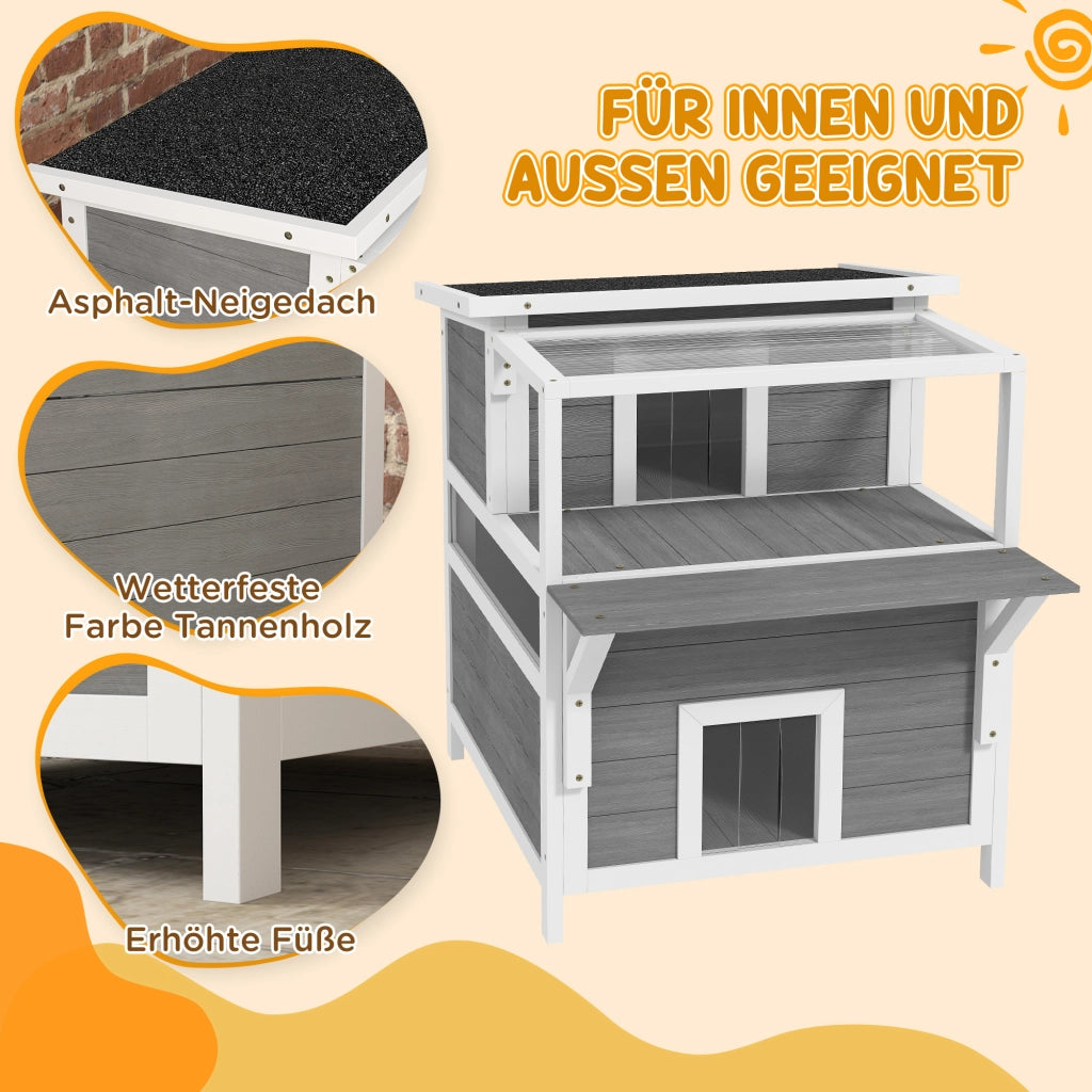 Casetta per Gatti a 2 Piani con Balcone ¨C Xylo ¨C Impermeabile Grigio Chiaro