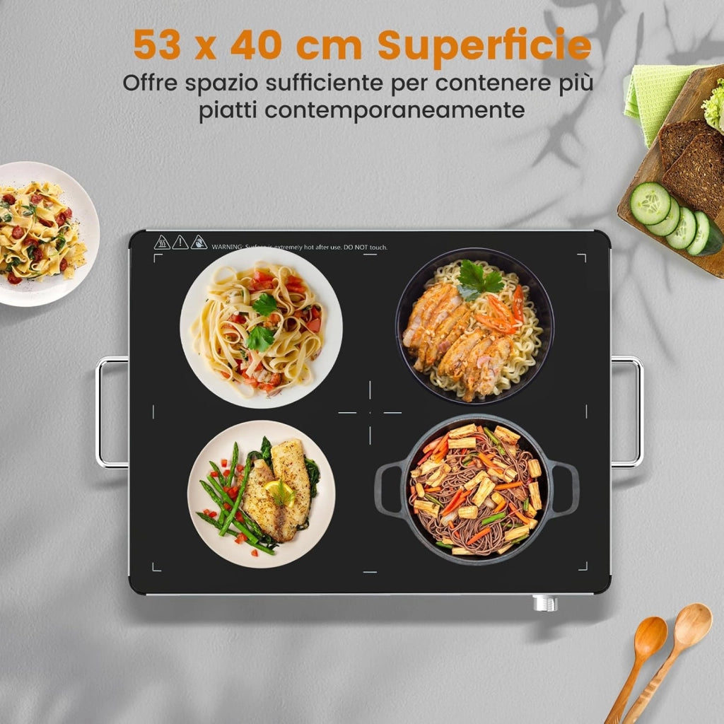 Vassoio Riscaldante Elettrico, Piatto Scaldavivande Portatile in Vetro Temperato con Temperatura Regolabile e Maniglie Antiustioni, per Feste Buffet (53 x 40 cm)