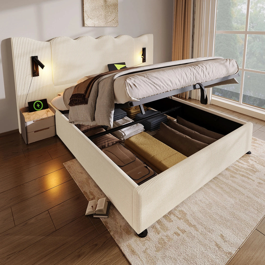 LETTO Contenitore 180x200 cm in tessuto a coste Beige-Bianco con lampada USB Type-C