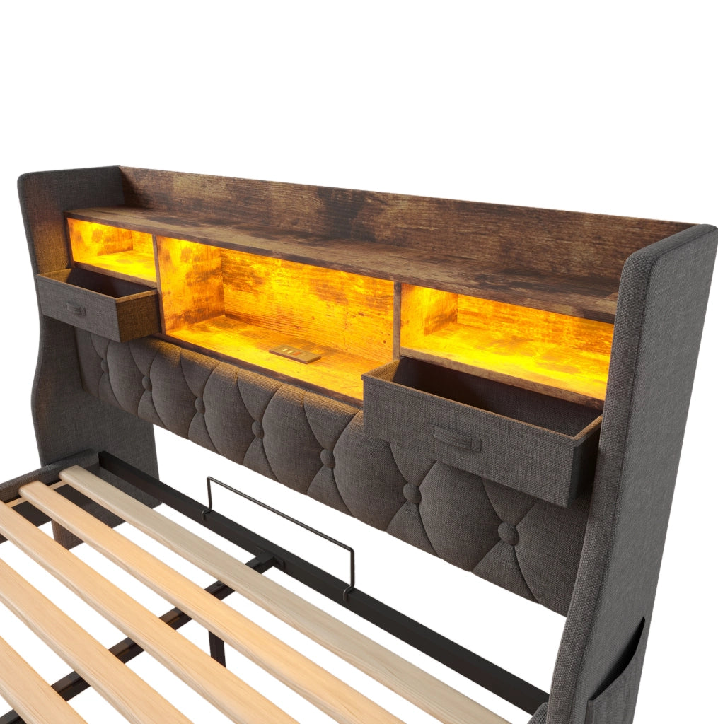 Letto 140x200 cm con LED; porta USB C e testiera contenitore; lino grigio
