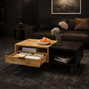 Tavolino da caffè 100×50×40 cm in legno naturale e nero con 3 vani e cassetto