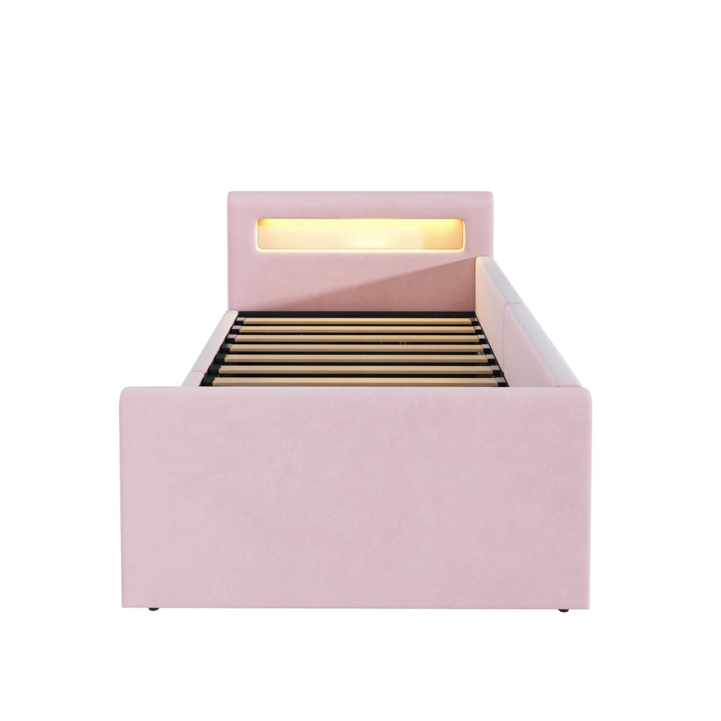 Letto singolo 90×200 cm con LED; luce notturna; USB e contenitore idraulico; senza materasso; rosa