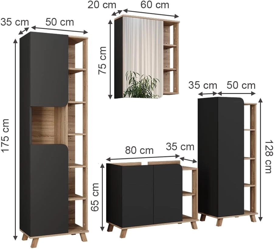 Set di mobili da bagno Karen, Sonoma/antracite, 80 cm, composto da mobile lavabo, pensile a specchio, colonna e base media