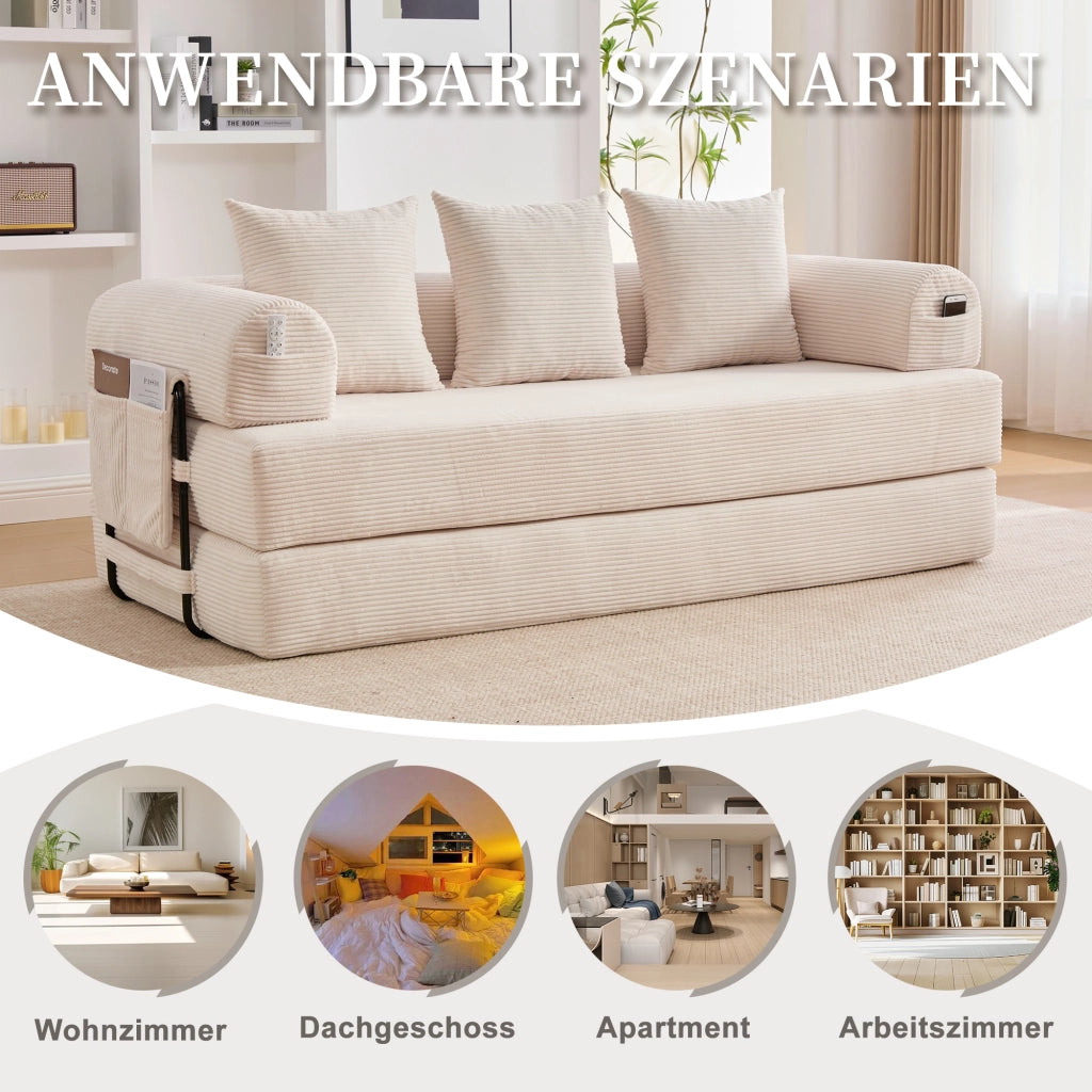 Divano modulare con tasca laterale e 3 cuscini struttura in metallo e velluto a coste per soggiorno beige