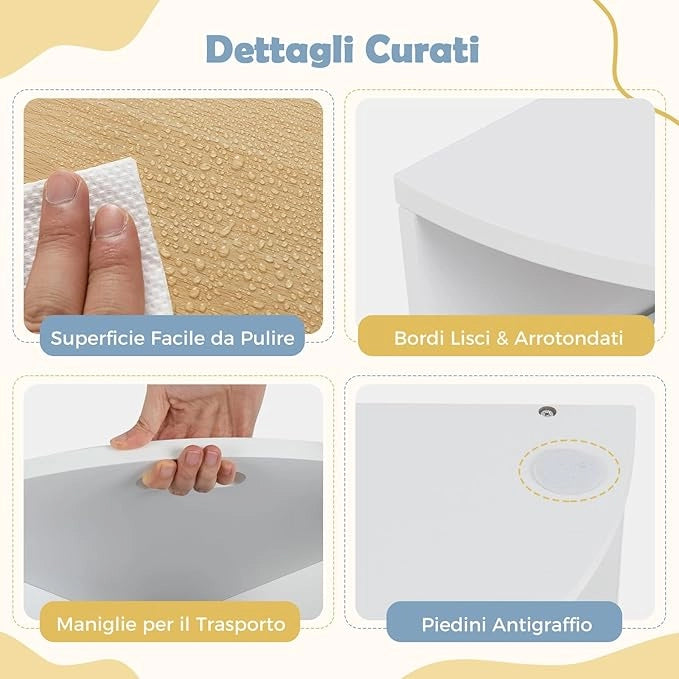 Set Tavolo e Sedie per Bambini a 5 Pezzi, Tavolino Rotondo Salvaspazio con 4 Sgabelli, Ripiano e 4 Cassetti in Tessuto, Set Mobili per Cameretta, Asilo e Disegnare (Naturale)
