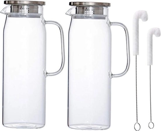Karaf da acqua in vetro 1,5 litri con coperchio in acciaio inossidabile e maniglia in vetro di borosilicato