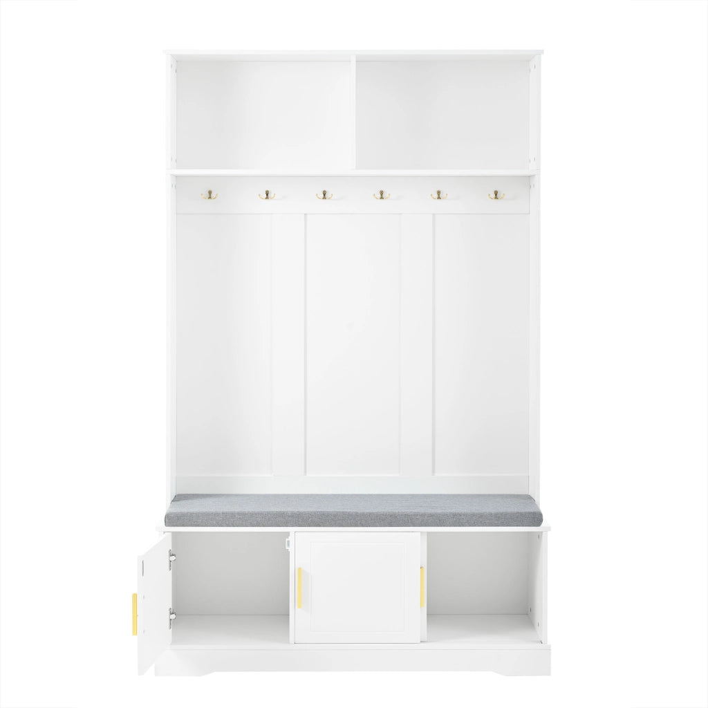 Appendiabiti con Panca Scarpiera e Ripiano; 6 Ganci; Dispositivo Antiribaltamento; Stile Moderno; in Pannello di Truciolare; Bianco; 120??40??191 cm