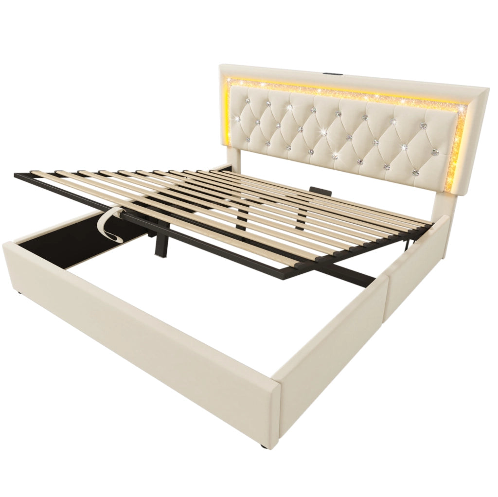 Letto 140x200 cm beige – LED, contenitore idraulico e USB, con materasso