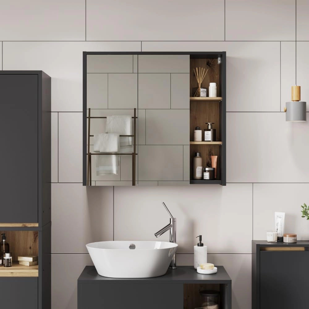 Mobile a specchio per il bagno Viola, Grigio/Artisan, 80 x 75 cm con ripiani aperti