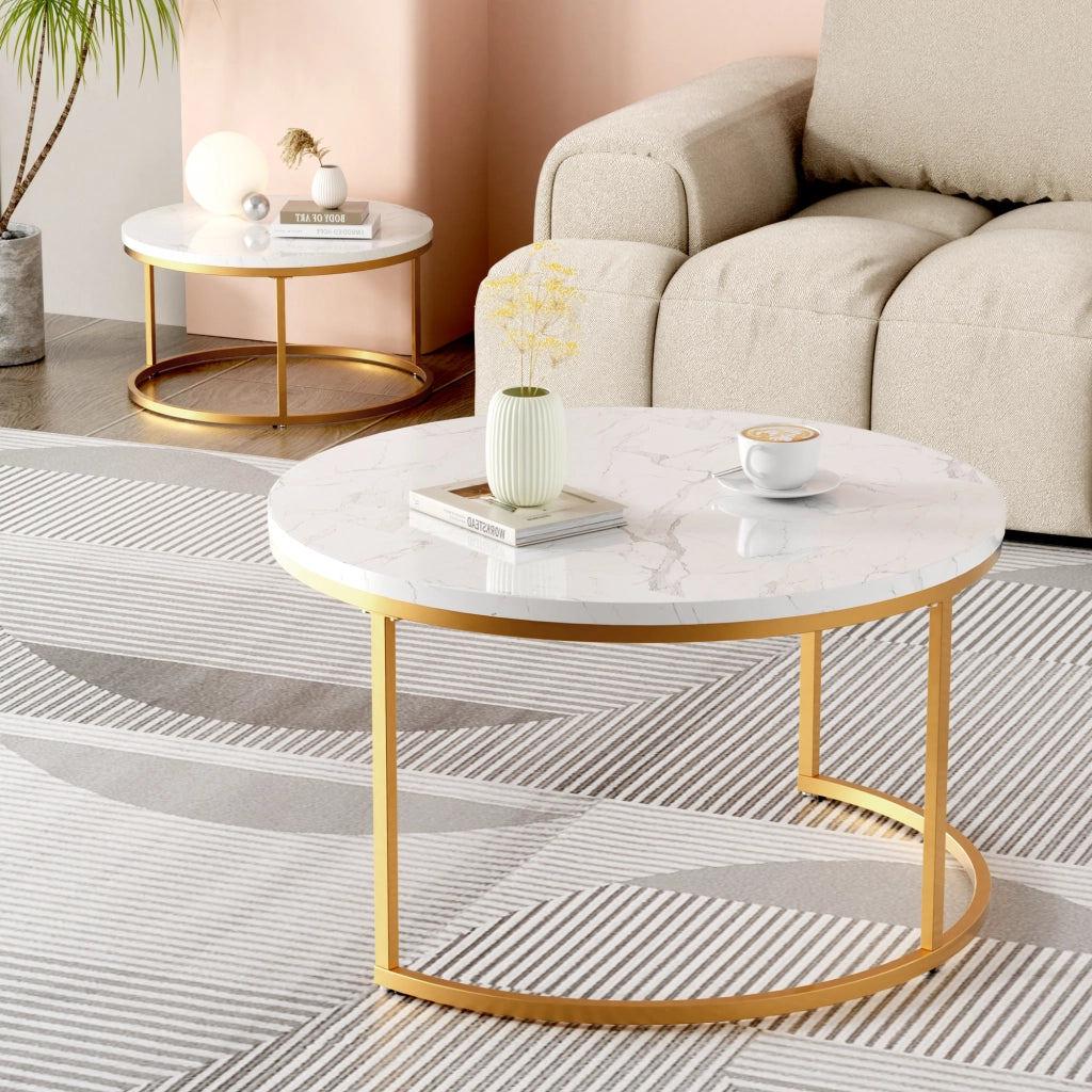 TAVOLINO DA CAFFÈ Set 2 Pezzi 80x45 cm Effetto Marmo Bianco con Struttura color oro