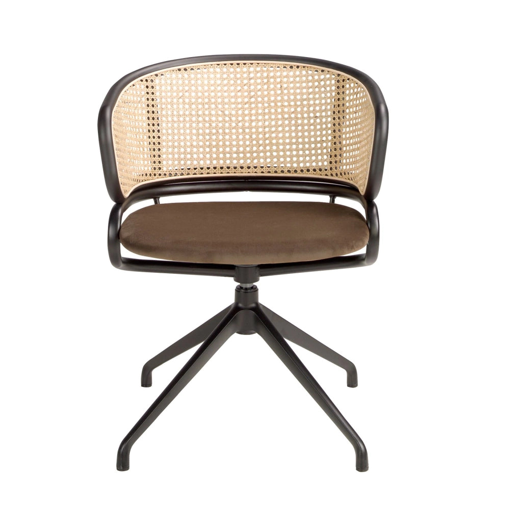 Sedia girevole in rattan e velluto marrone
