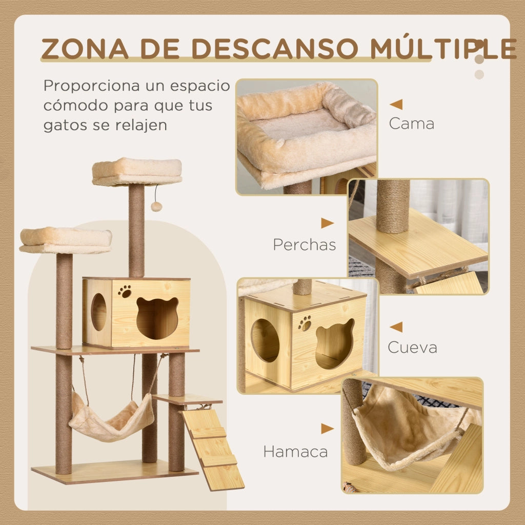 Albero tiragraffi per gatti con posti letto e amaca ¨C zephmum ¨C 60x40x130 cm naturale