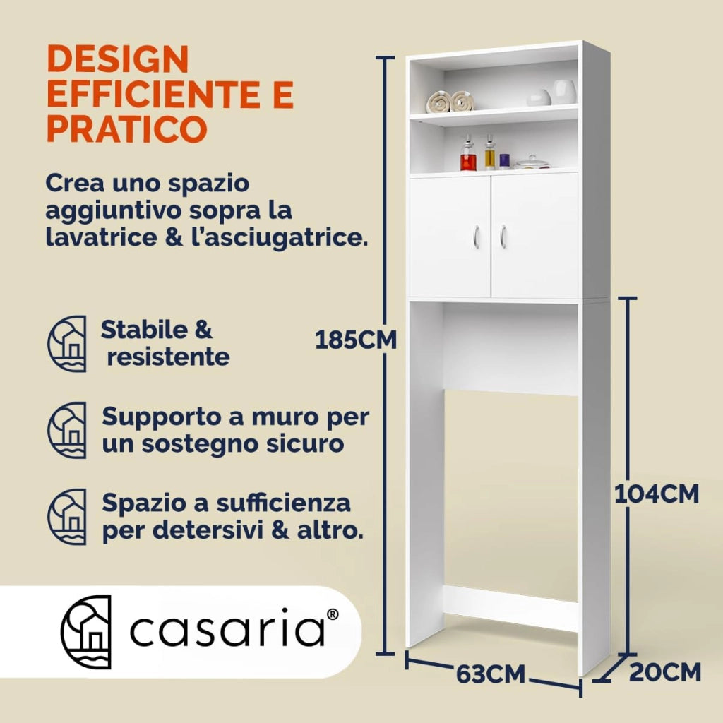 Mobile per Lavatrice Mobiletto da Bagno Armadio 3 Mensole 2 Ante 185x63x20cm Corridoio
