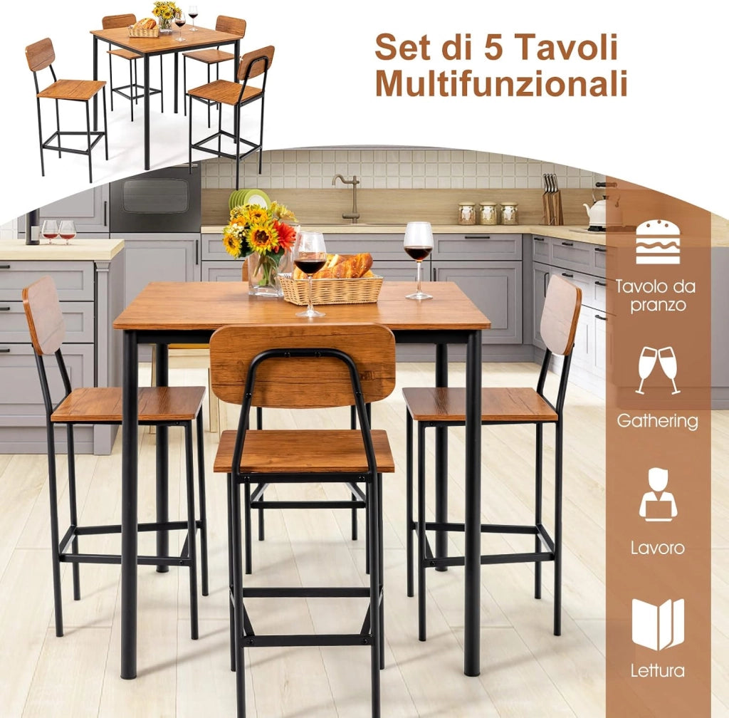 Set 5 Pezzi Tavolo da Pranzo, 1 Tavolo Rettangolare e 4 Sedie con Poggiapiedi, Set di Tavolo da Pranzo Salvaspazio per Casa Ristorante Bar (Marrone Scuro)