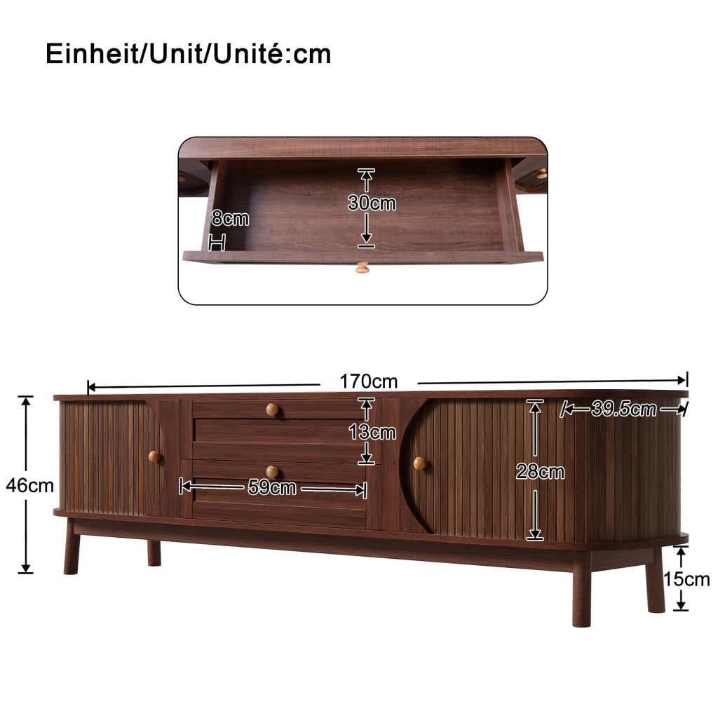 OKWISH Mobile TV con Ante Scorrevoli e Cassetti, Gambe in Legno, per Soggiorno, MDF, Noce, 170 x 39,5 x 46 cm