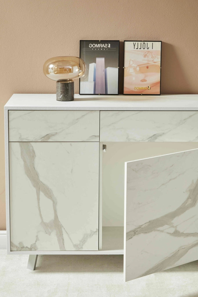 Credenza 3 ante/3 cassetti VELBRUK bianco pietra/marmo calacatta