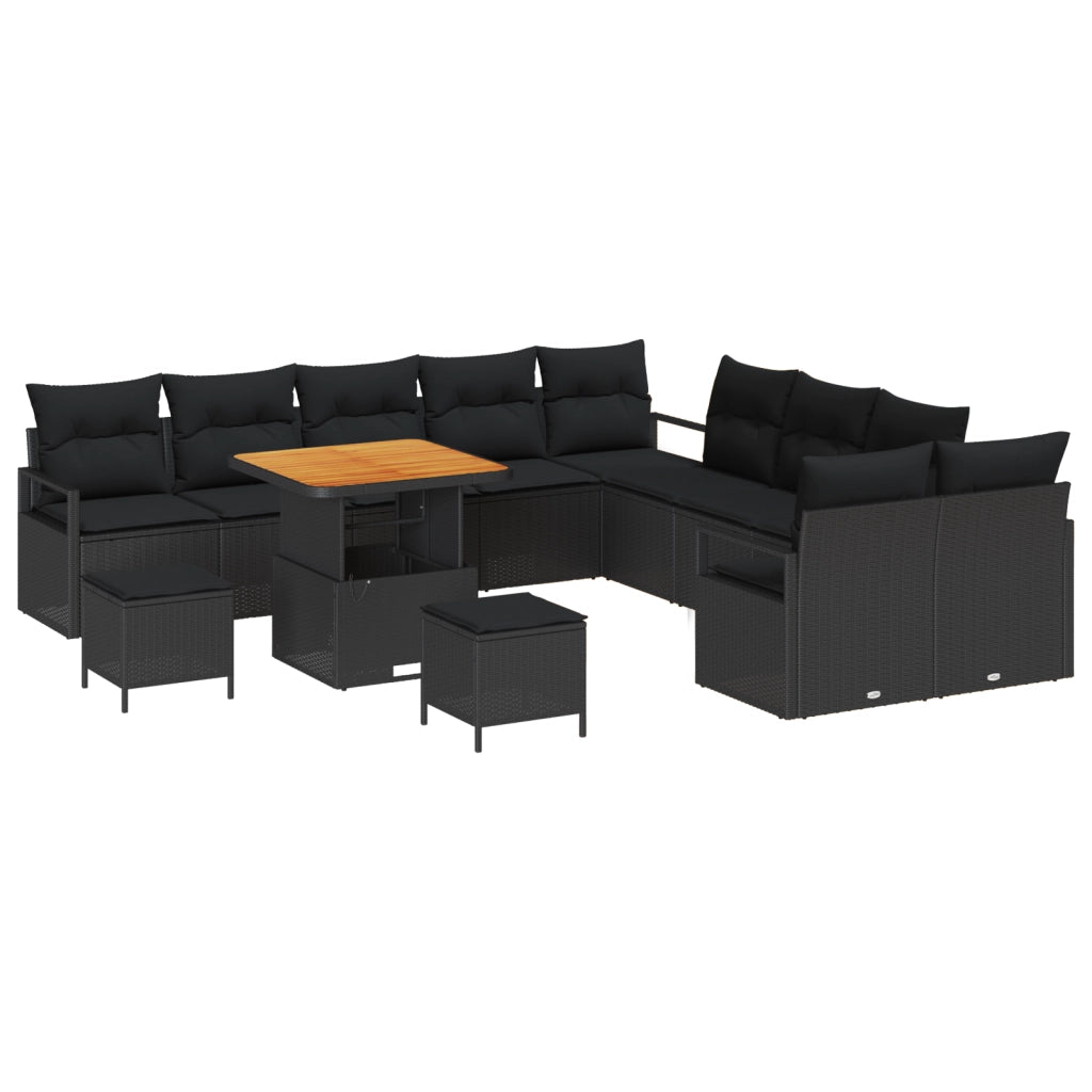 Set Divano da Giardino da 13 Pezzi con Cuscini Nero Polyrattan Acacia