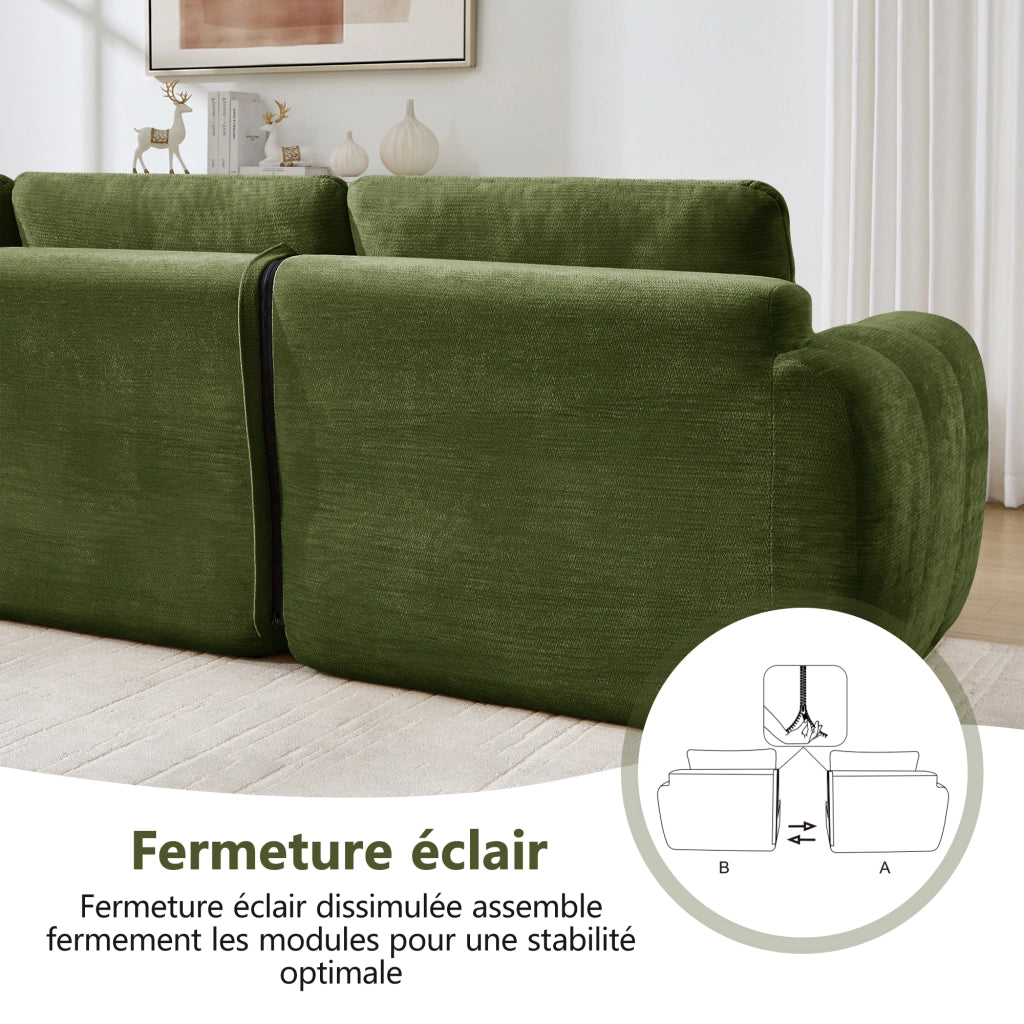 Divano modulare senza telaio in chenille verde con cuscini imbottiti e braccioli 264 × 97 × 68 cm