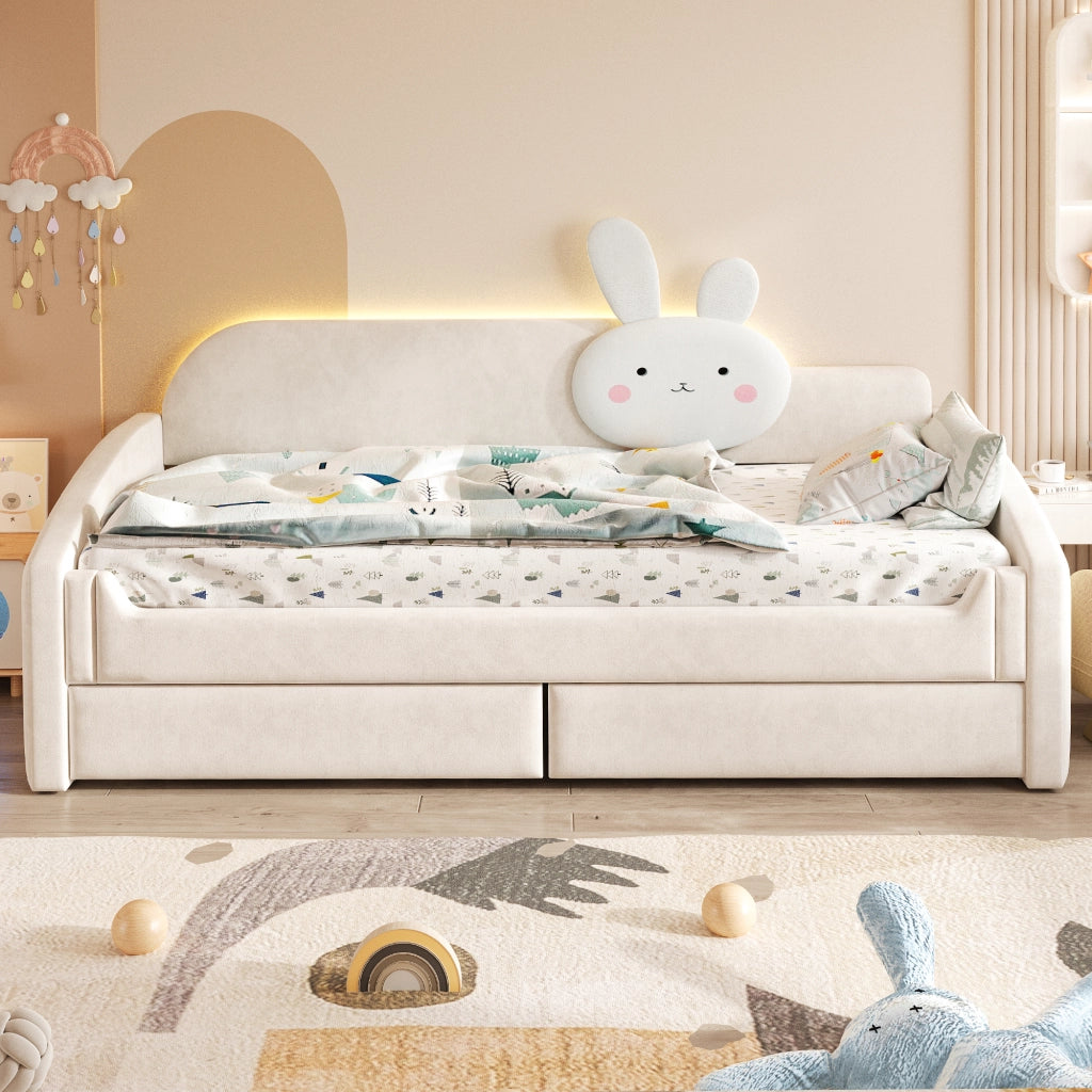 DESMIU Letto bambino 90 × 200 cm con LED, 2 cassetti, senza materasso, in velluto, beige